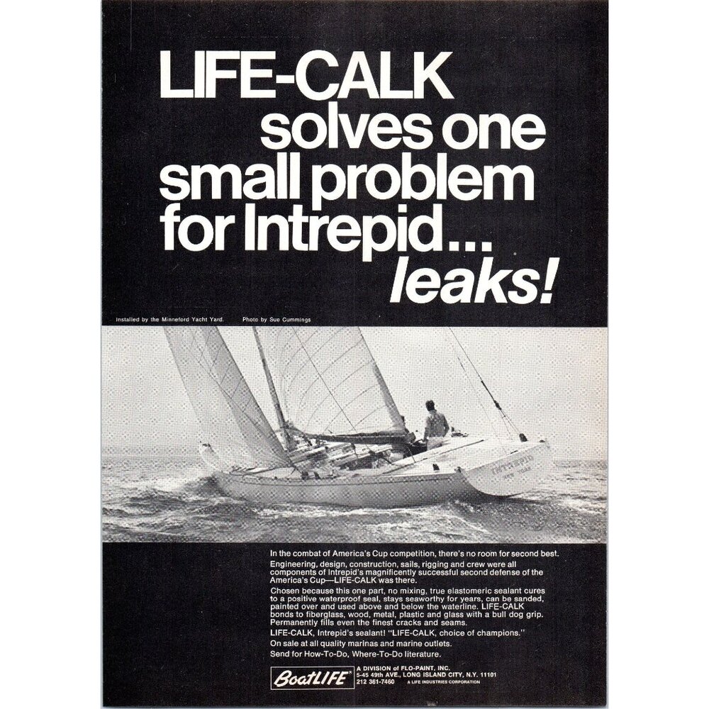 1971 BoatLIFE Life-Calk Sealant Vintage Print Ad American's Cup Intrepid Art